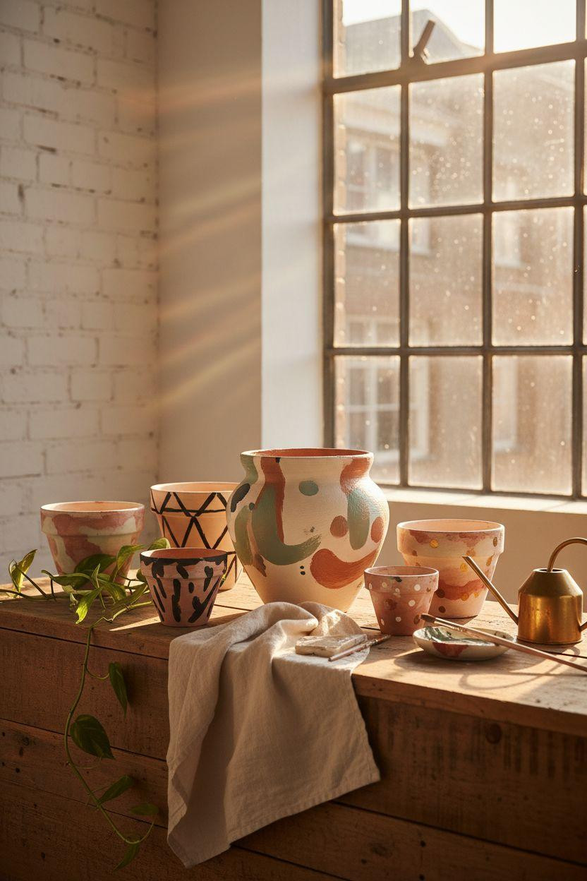 Plant Pot Painting Ideas - abstract painted terracotta pots on wood table