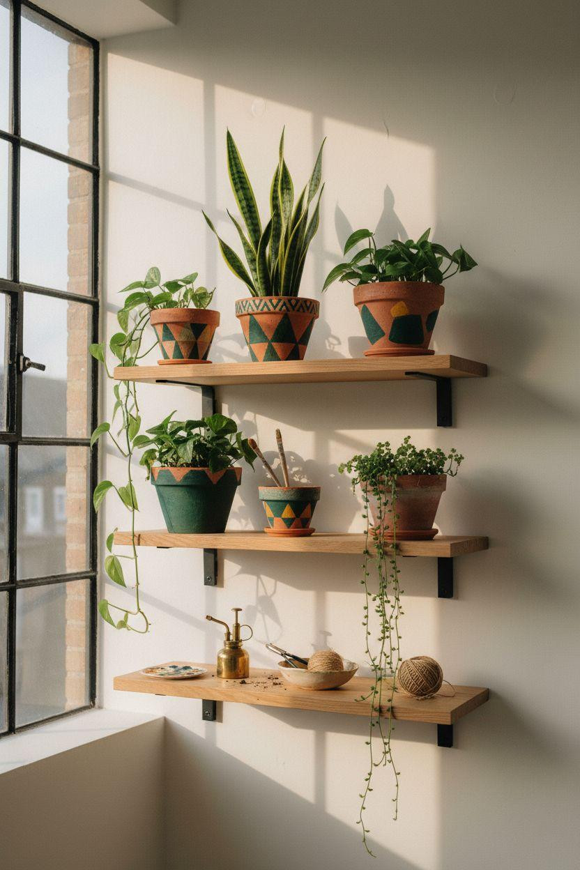 Plant Pot Painting Ideas - floating shelf with painted pots and plants