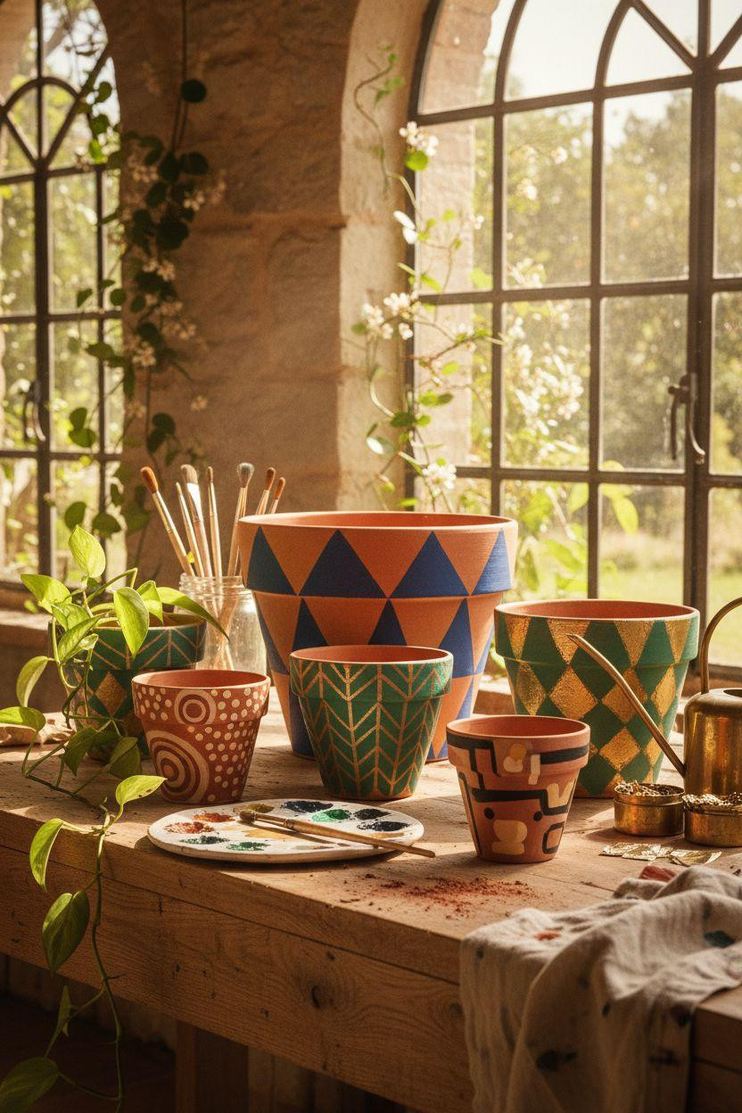 Plant Pot Painting Ideas - cobalt geometric painted pots on wood bench