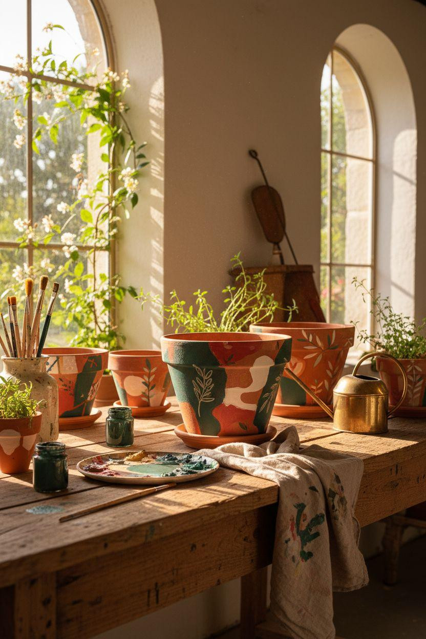 Plant Pot Painting Ideas - painted pots with growing herbs on potting table