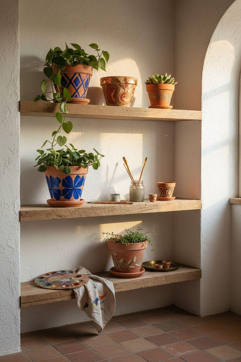 Plant Pot Painting Ideas - folk art painted pots on rustic shelves