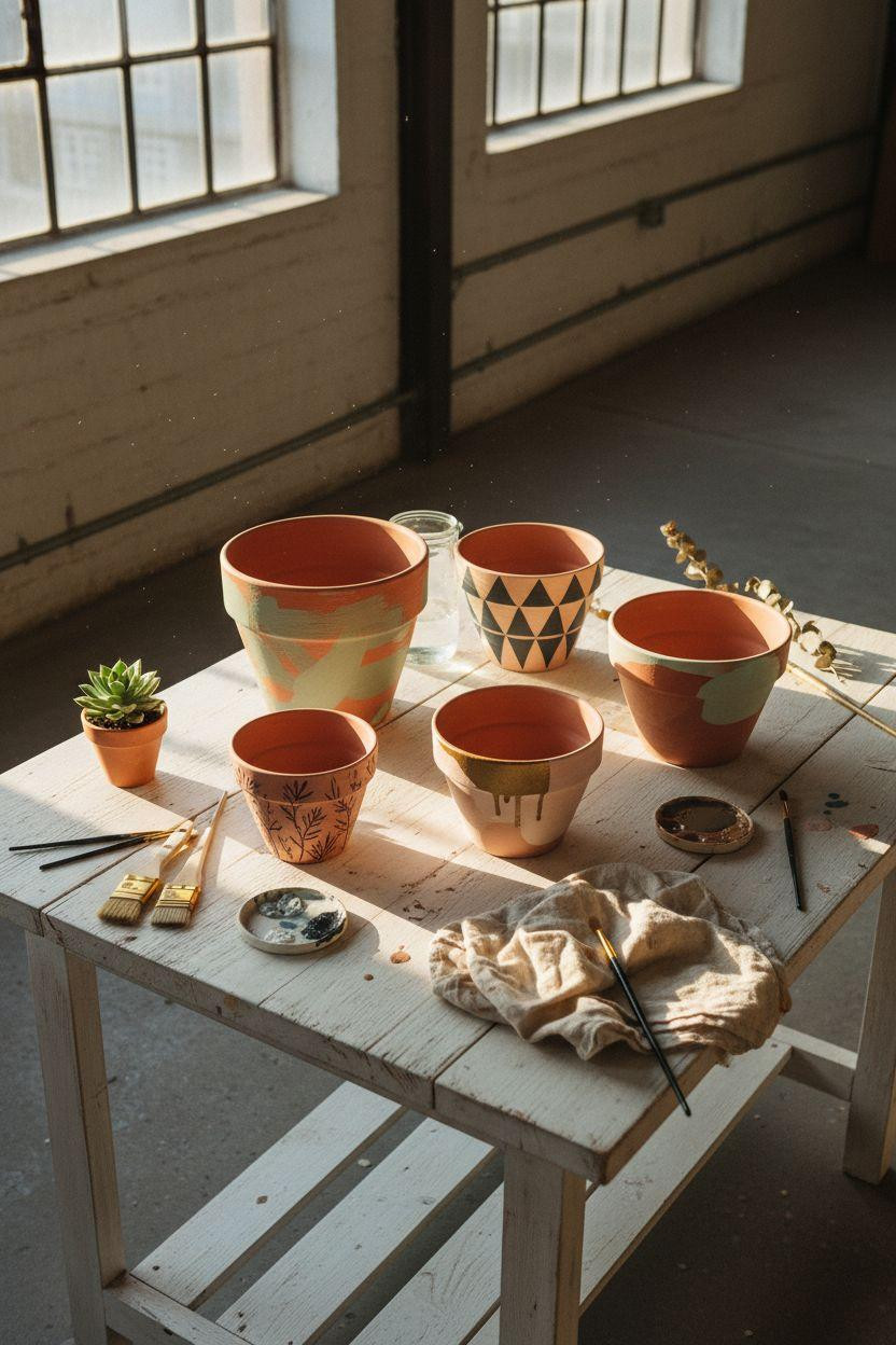 Plant Pot Painting Ideas - side view of color blocked painted pots