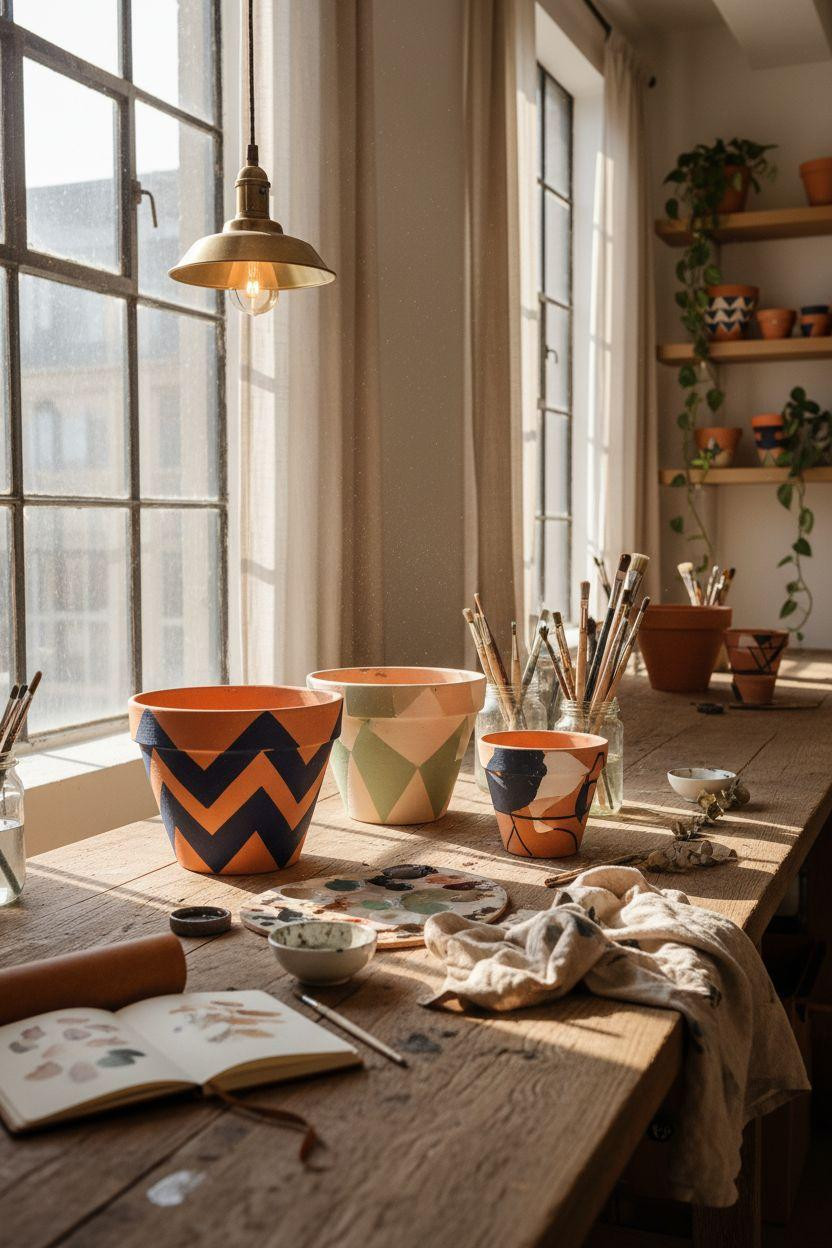 Plant Pot Painting Ideas - navy geometric pots in artist studio