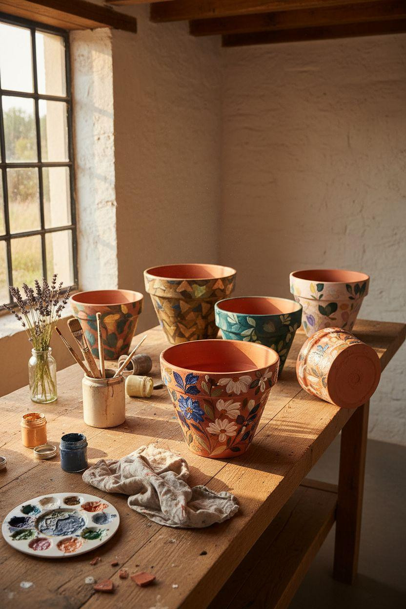 Plant Pot Painting Ideas - overhead view of painted pots and art supplies
