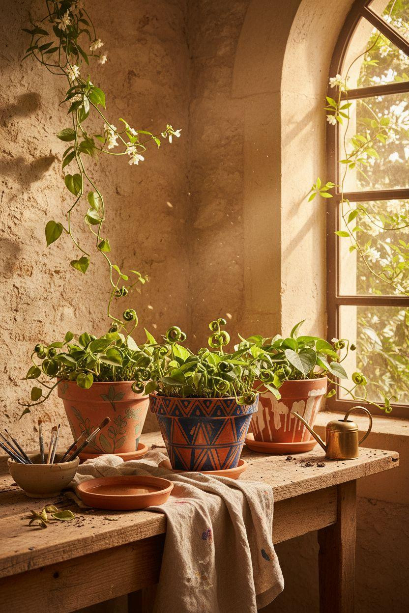 Plant Pot Painting Ideas - blue and terracotta painted pots with herbs