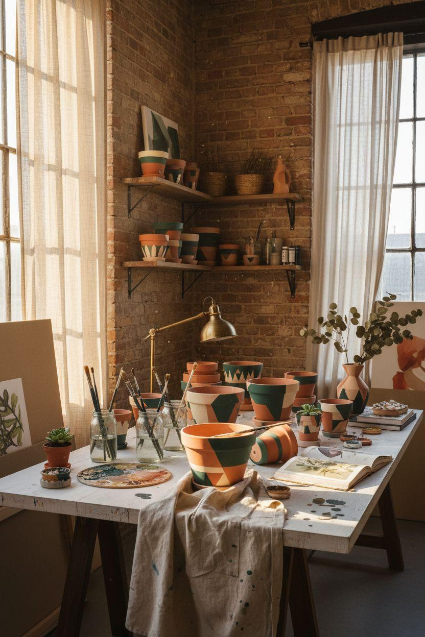 Plant Pot Painting Ideas - workspace with geometric painted pots