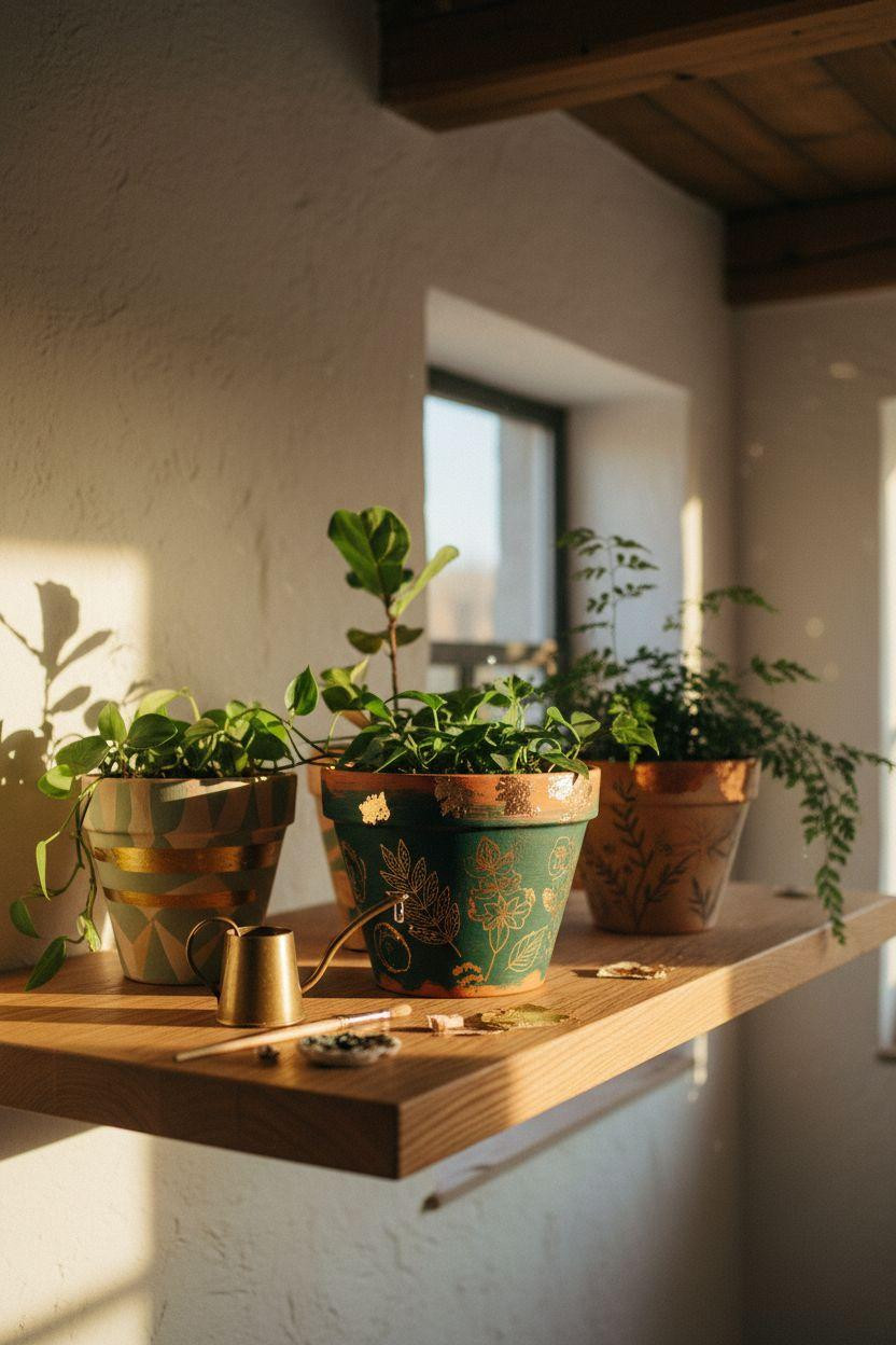Plant Pot Painting Ideas - emerald pots with gold leaf accents on floating shelf
