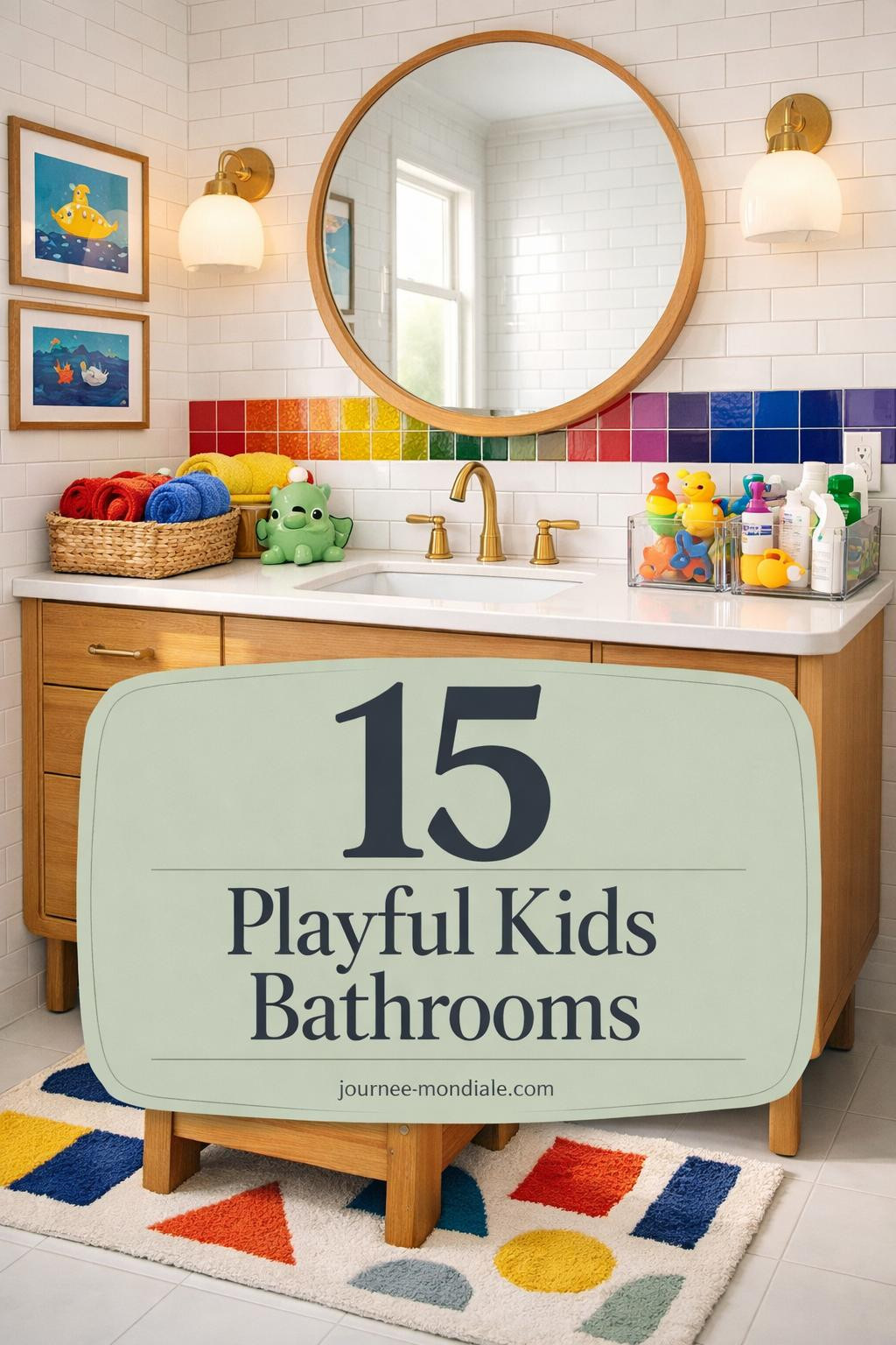 Whimsical kids bathroom showcasing white subway tile walls with rainbow gradient backsplash, custom white oak vanity, brushed brass faucet, large wooden-framed mirror, organized acrylic storage bins, colorful rolled towels in baskets, non-slip geometric mat, wooden step stool, brass sconces, underwater artwork, sea creature soap dispenser, and natural light through frosted window.