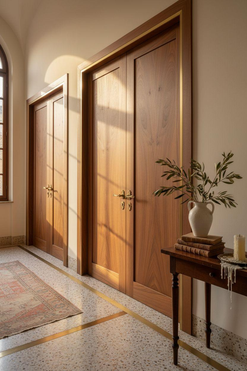 Pocket doors - book-matched walnut veneer with brass trim