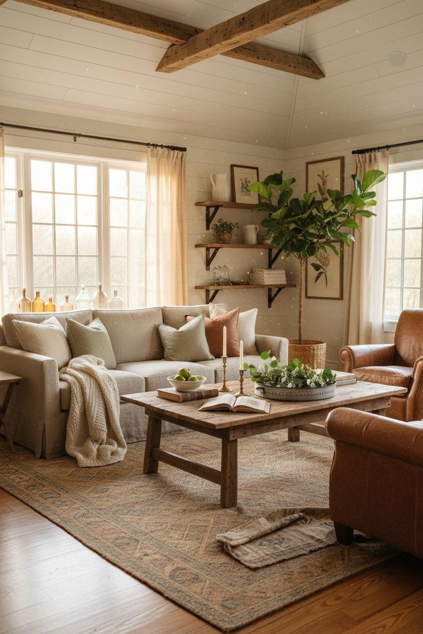 Pottery Barn Living Room Ideas - floating shelves with vintage decor