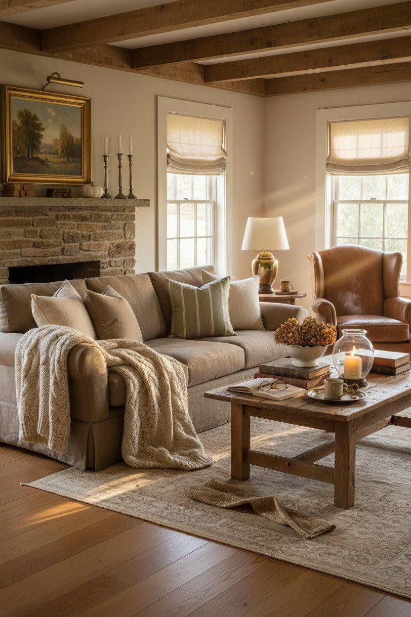 Pottery Barn Living Room Ideas - cozy farmhouse setup with neutral pillows