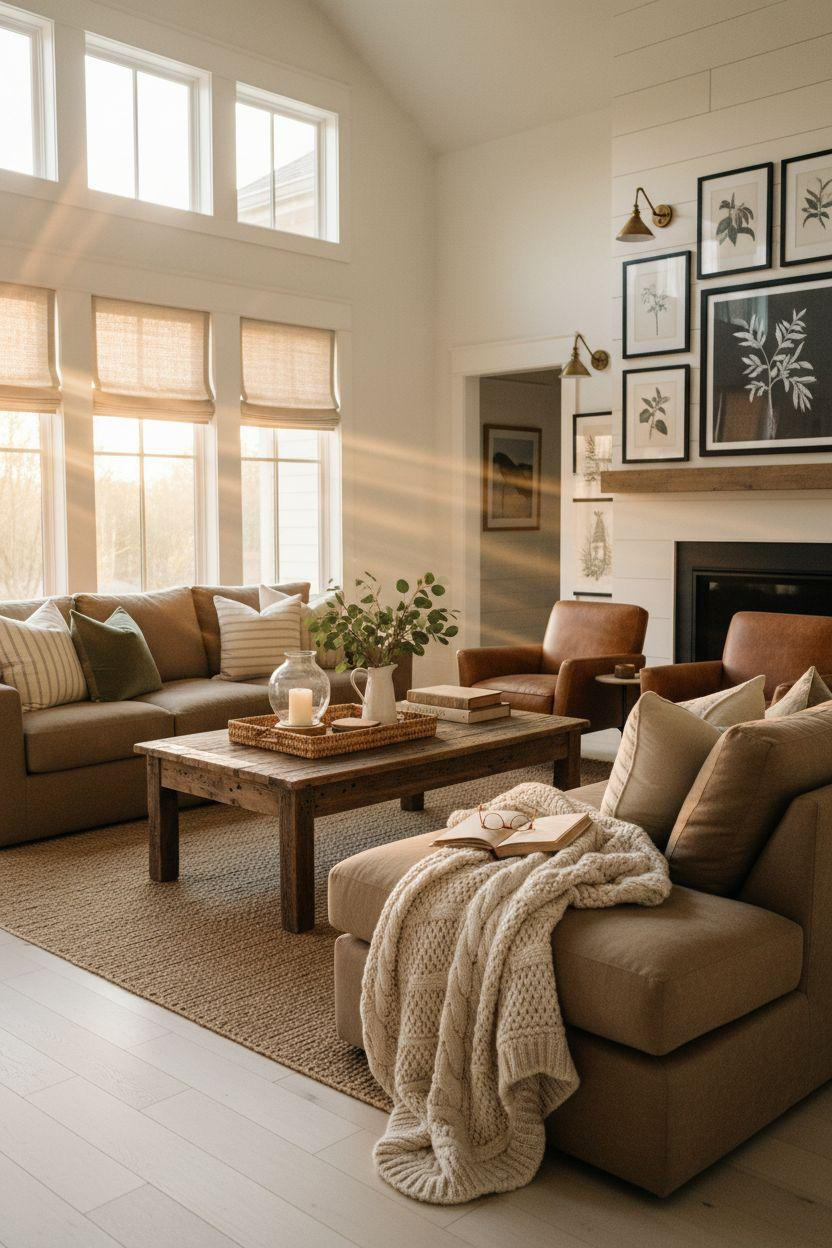 Pottery Barn Living Room Ideas - white shiplap with botanical prints