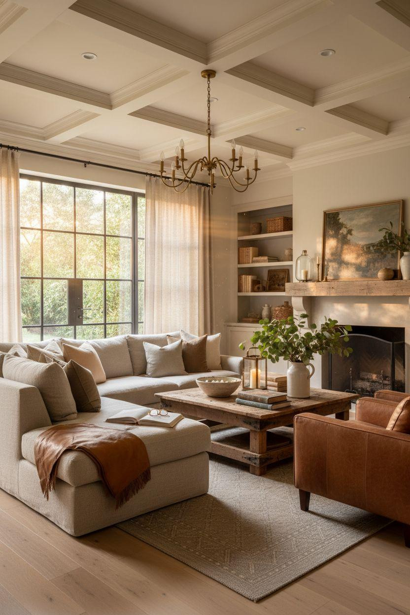 Pottery Barn Living Room Ideas - stone fireplace with wood mantel