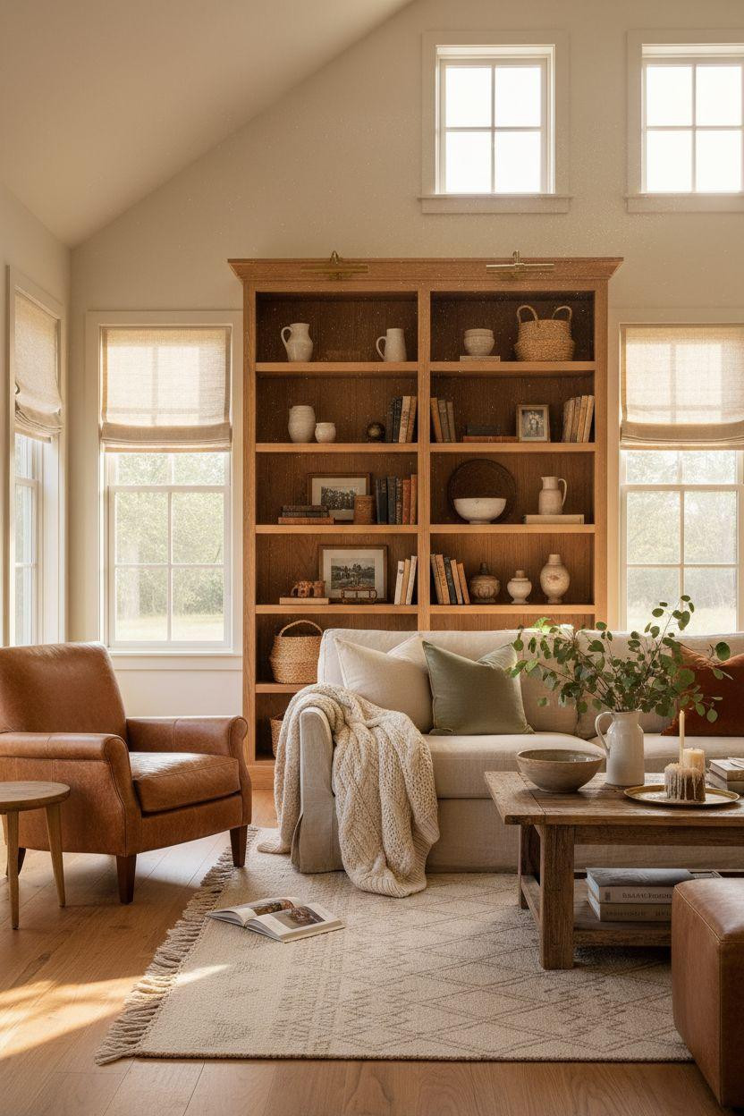 Pottery Barn Living Room Ideas - built-in shelving with decor display
