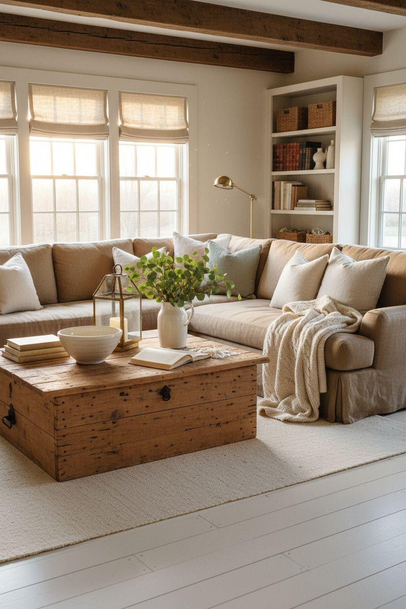 Pottery Barn Living Room Ideas - rustic coffee table with open shelves
