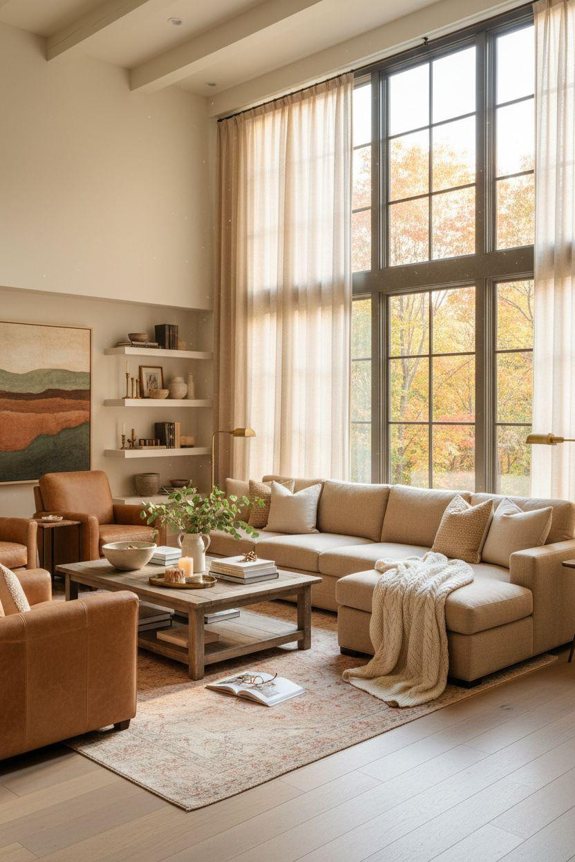 Pottery Barn Living Room Ideas - spacious sectional with wood shelving