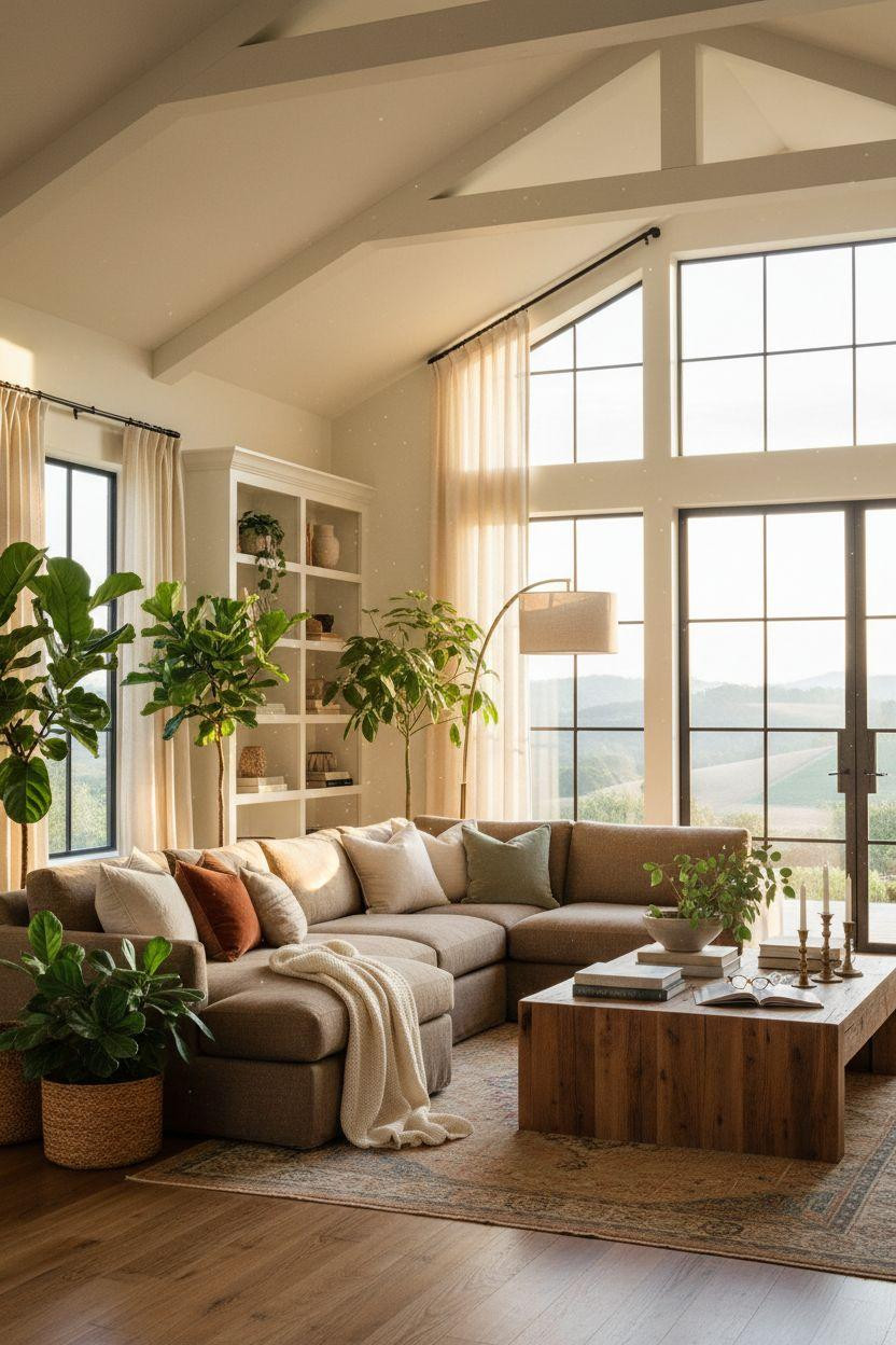 Pottery Barn Living Room Ideas - greenery with neutral seating