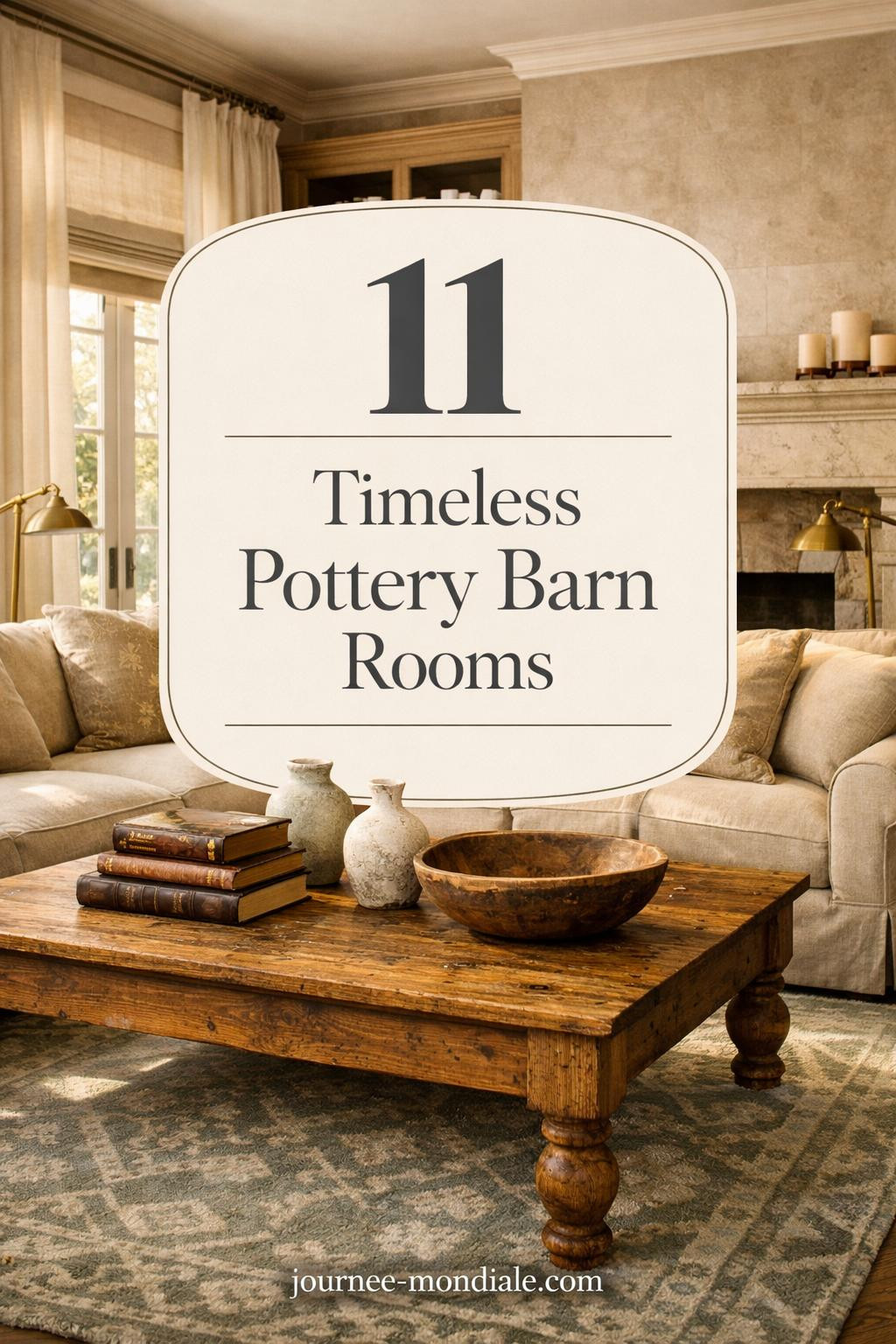 Elegant living room with linen sectional sofa, reclaimed pine coffee table, sage geometric rug, built-in bookcases, and limestone fireplace