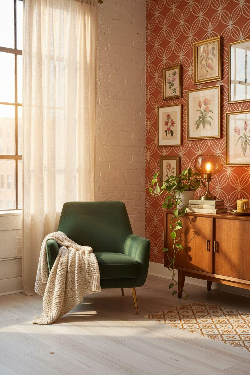 Renter Friendly Decorating - geometric accent wall with vintage furniture