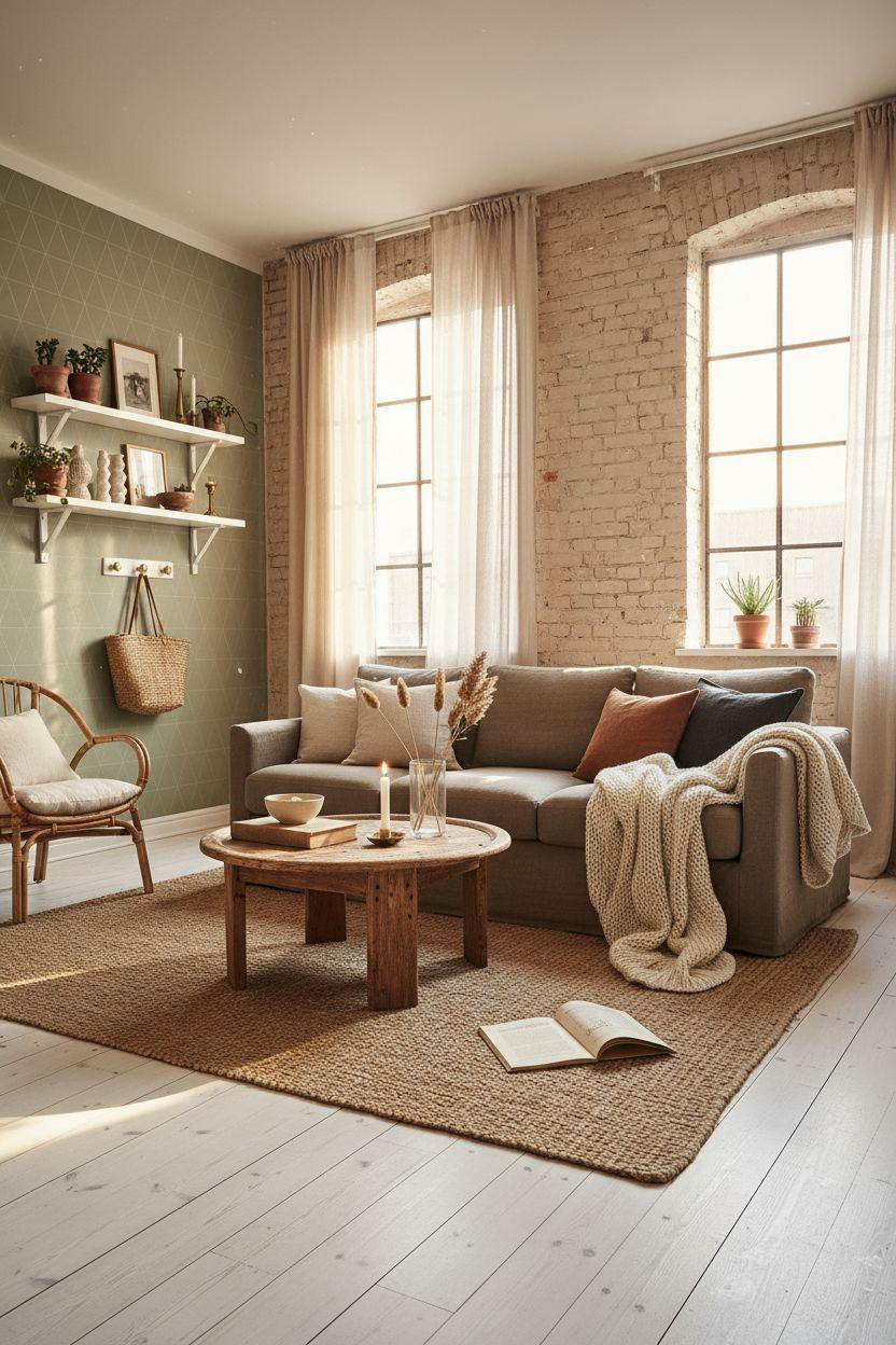 Renter Friendly Decorating - living room with sage geometric accent wall