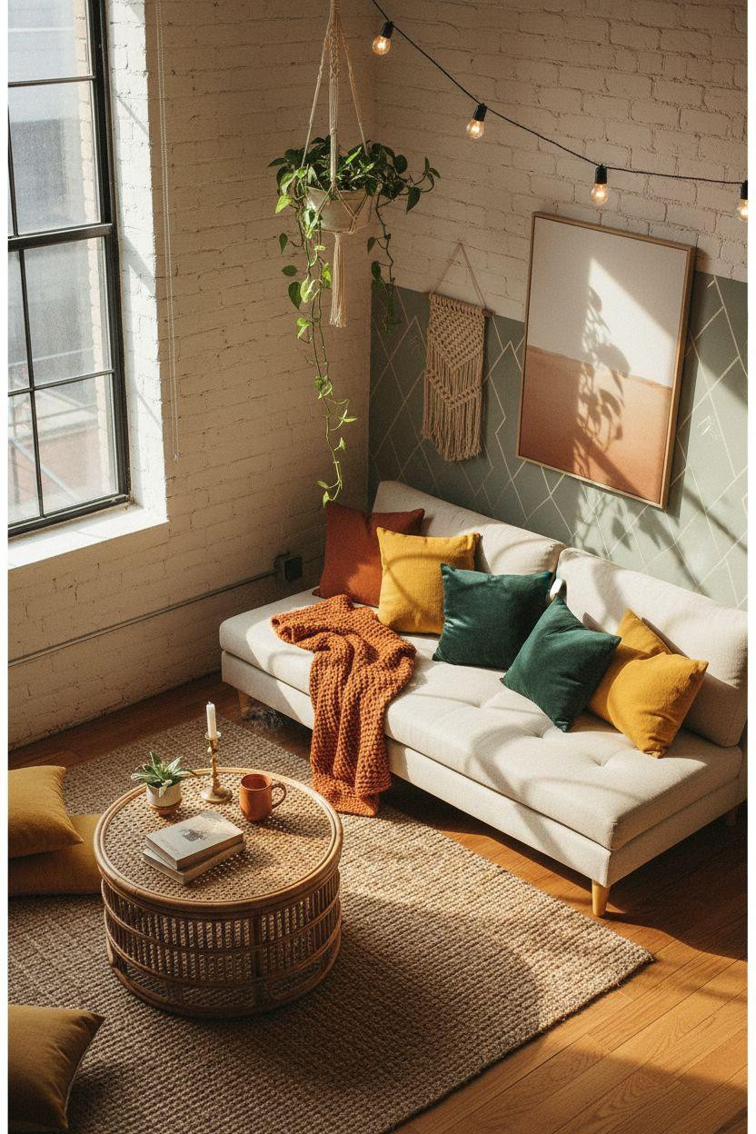 Renter Friendly Decorating - boho living area with string lights and plants