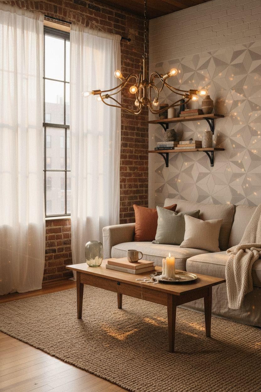 Renter Friendly Decorating - brass chandelier over coffee table