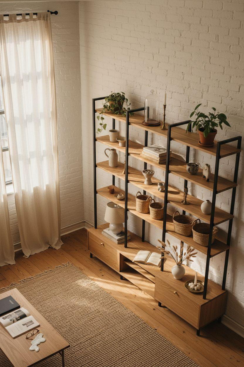 Renter Friendly Decorating - freestanding oak shelving with brass hardware