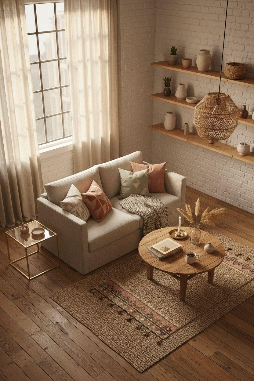 Renter Friendly Decorating - cozy small apartment with layered textiles