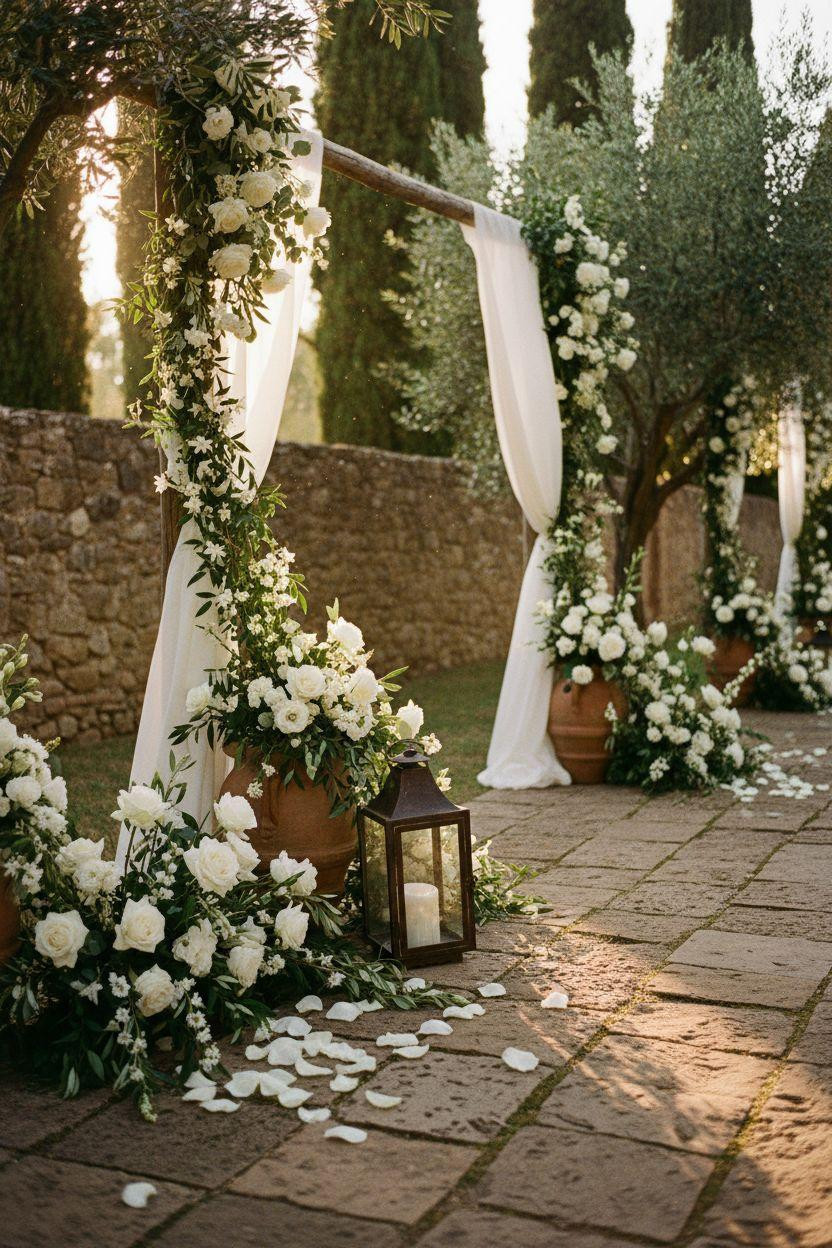 Wedding Walkway - sweeping view through olive trees and limestone