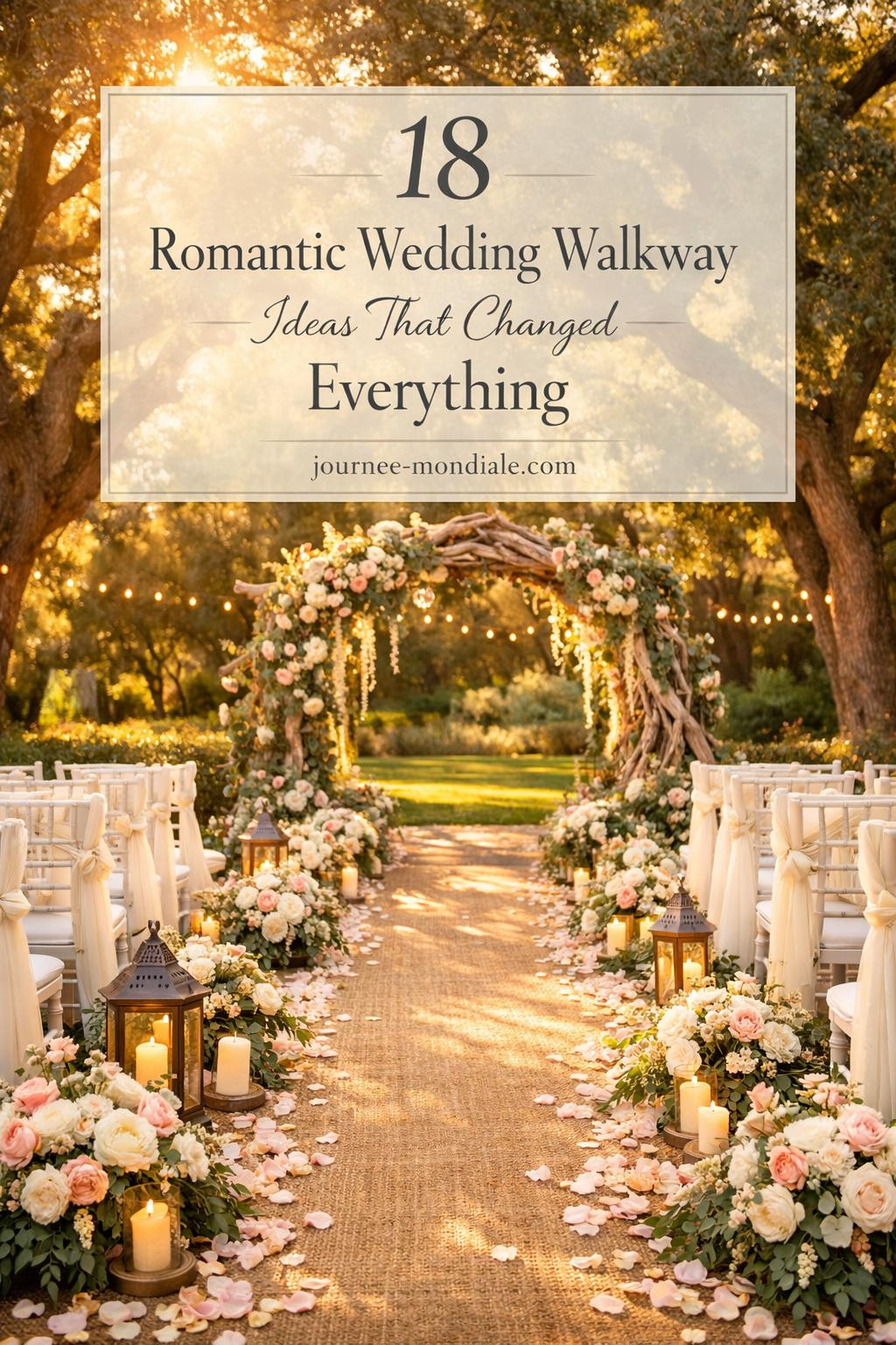Breathtaking outdoor wedding aisle lined with white Chiavari chairs draped in ivory chiffon, jute runner bordered by blush roses, peonies and greenery, leading to a driftwood arch with eucalyptus and jasmine, set in manicured garden with golden sunlight and soft rose petals.