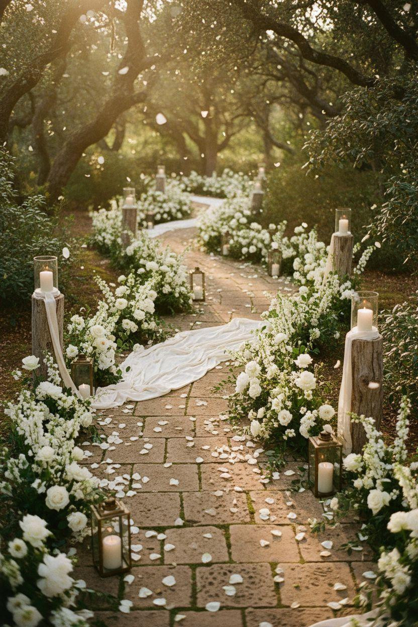 Wedding Walkway - elevated view of limestone path with lush florals