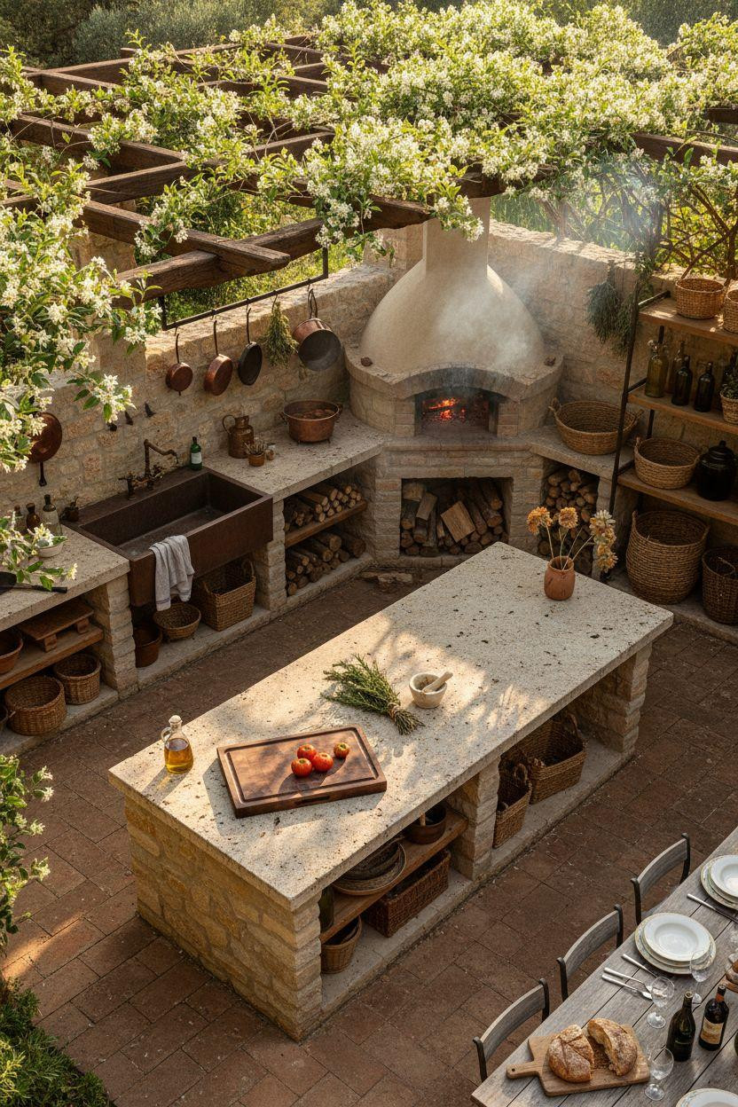 Outdoor Kitchen Ideas - dramatic Tuscan stone kitchen with pizza oven
