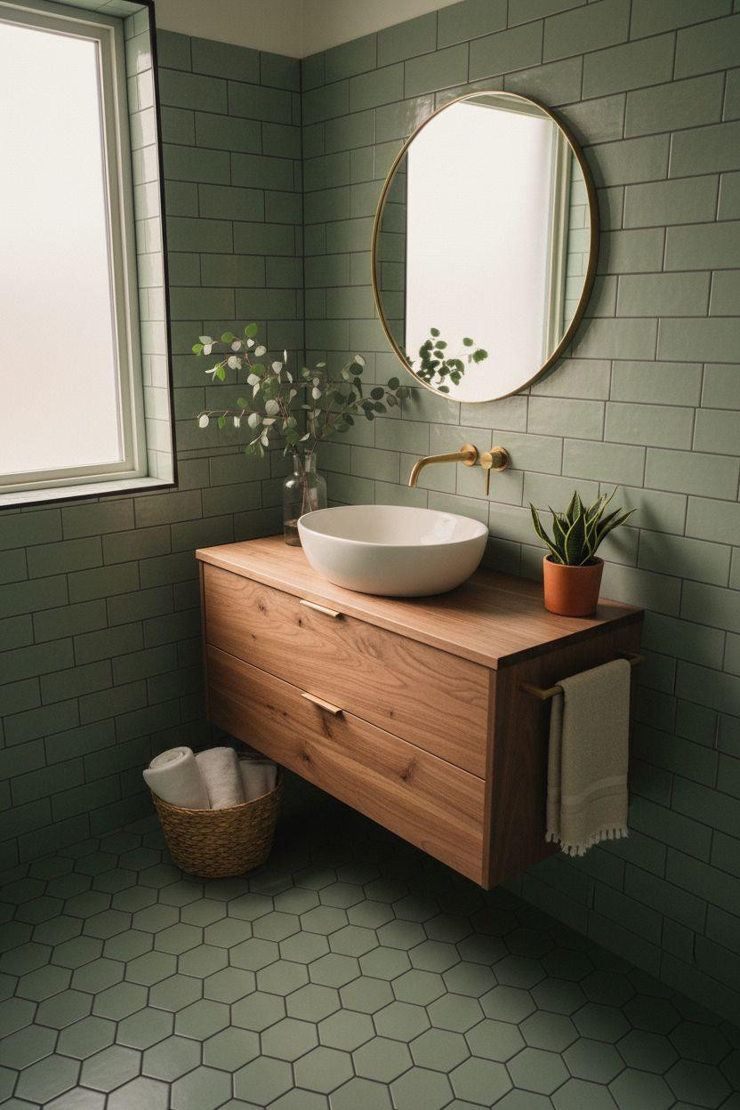Sage Green Bathroom - sage subway tiles with dark grout and brass hardware