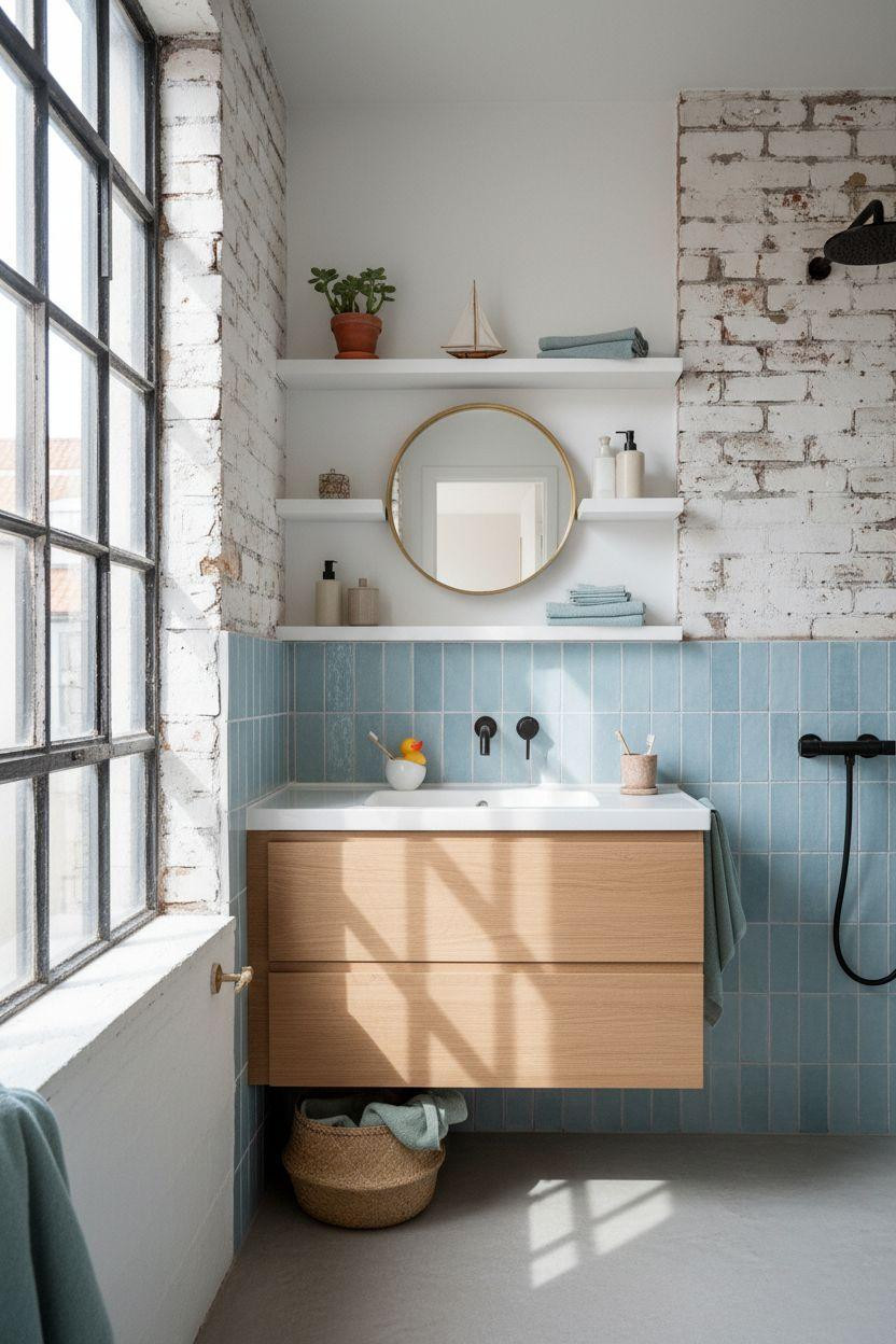 Kids bathroom ideas featuring handmade zellige tiles and natural materials