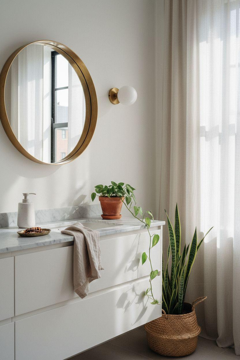 Bathroom Mirror - round brass mirror above oak vanity with morning light
