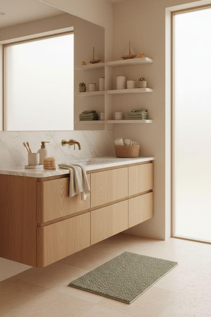 Kids bathroom ideas featuring natural wood vanity and marble countertop