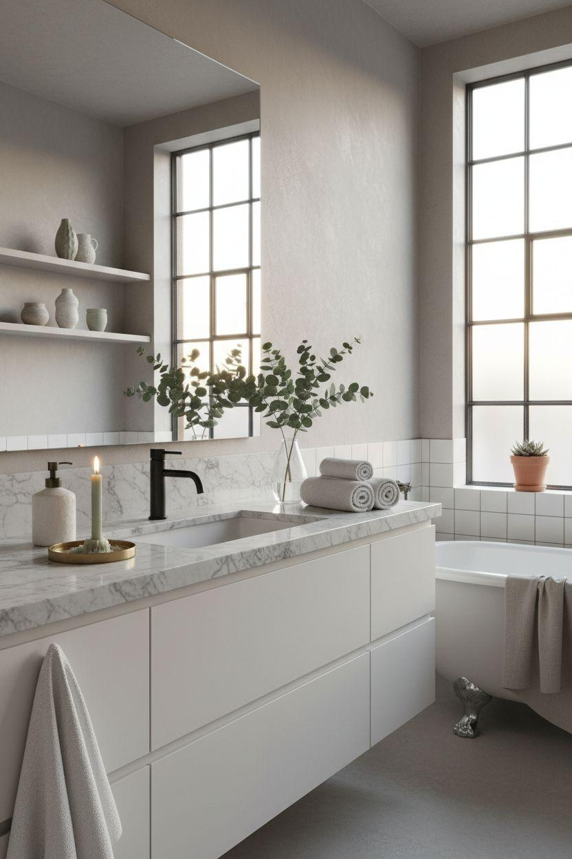 Grey bathroom ideas with marble and oak vanity