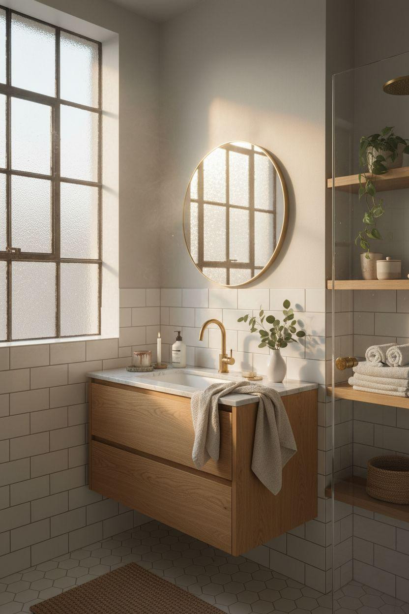 small bathroom storage with white tile and brass fixtures