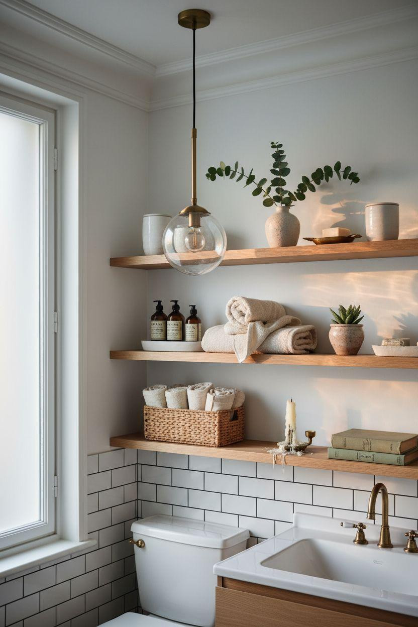 small bathroom storage with over-the-toilet shelving and pendant light