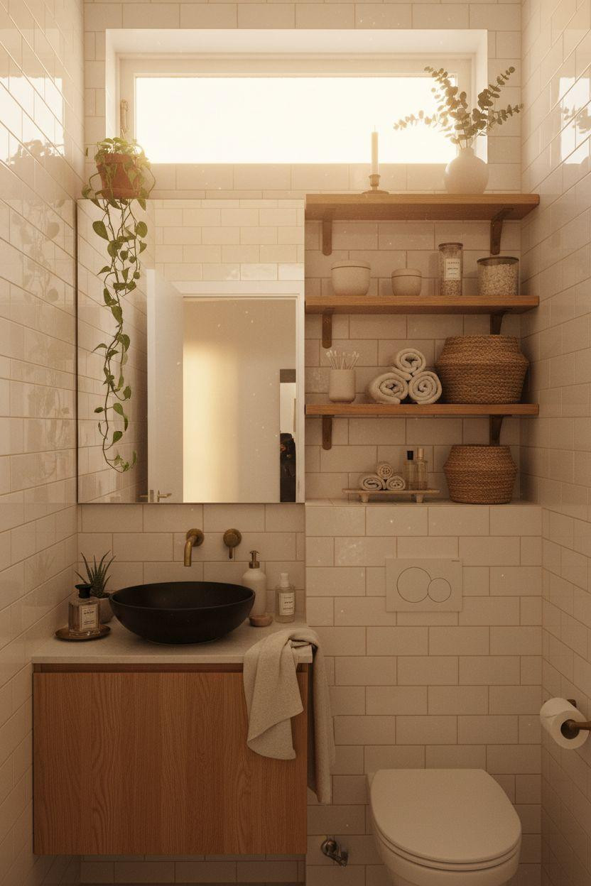small bathroom storage with floor-to-ceiling shelving