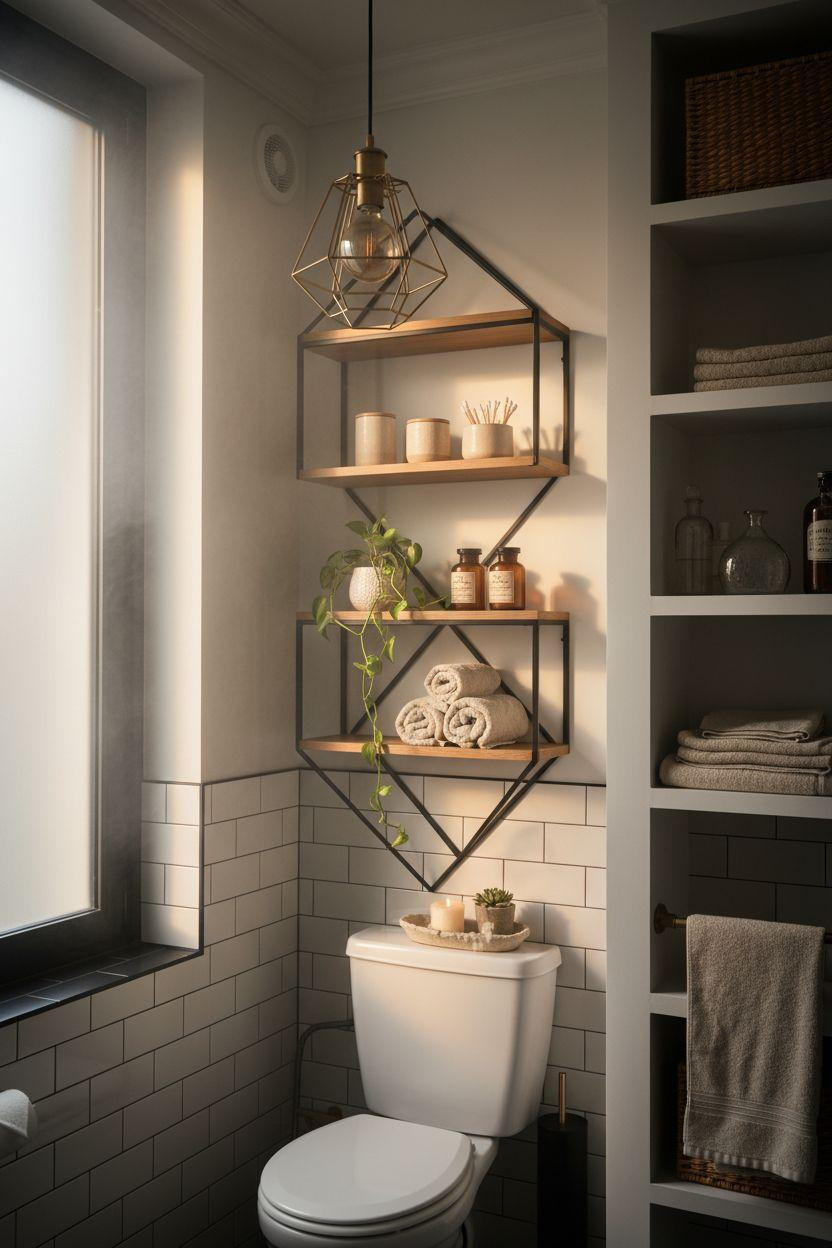 small bathroom storage with black metal geometric shelves