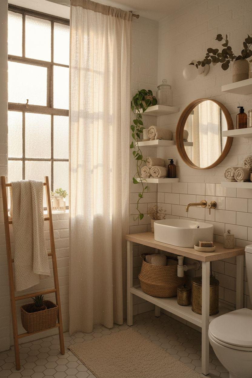 small bathroom storage featuring ladder shelf and open vanity