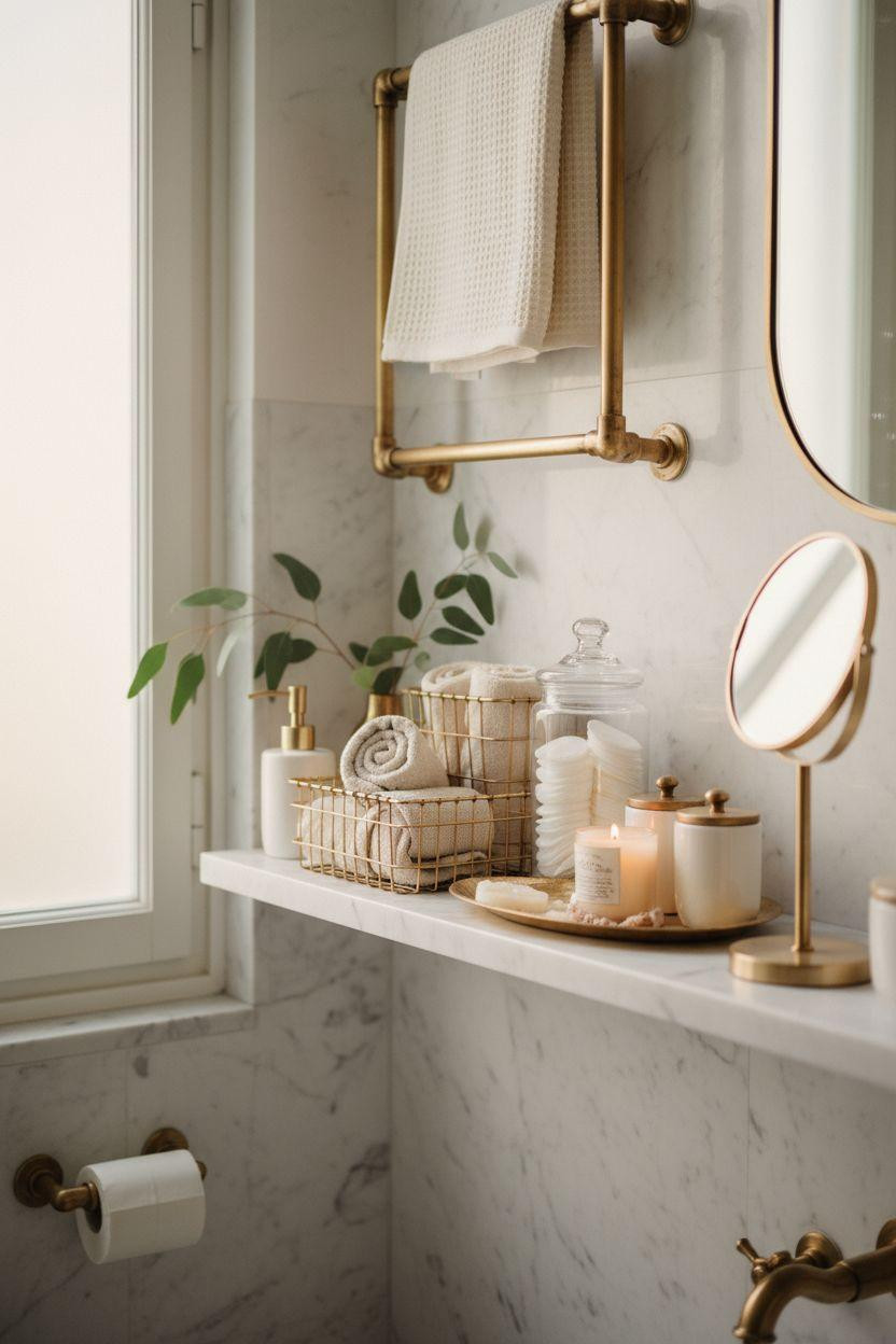 small bathroom storage with brass and marble details