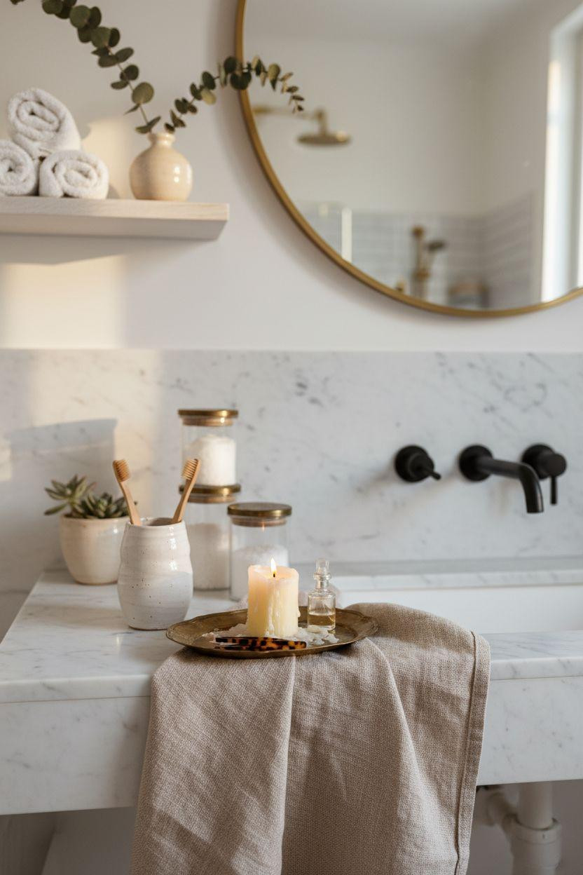 small bathroom storage featuring marble counter and black faucet