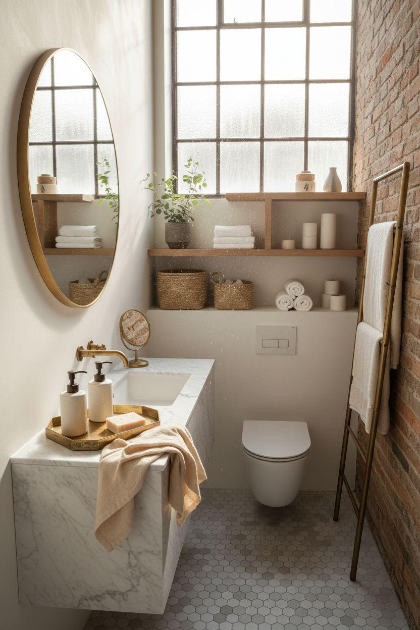 small bathroom storage shown from overhead angle