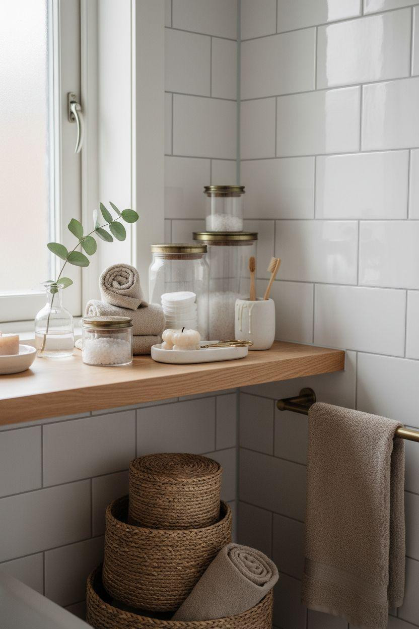 small bathroom storage featuring layered shelving with brass accents