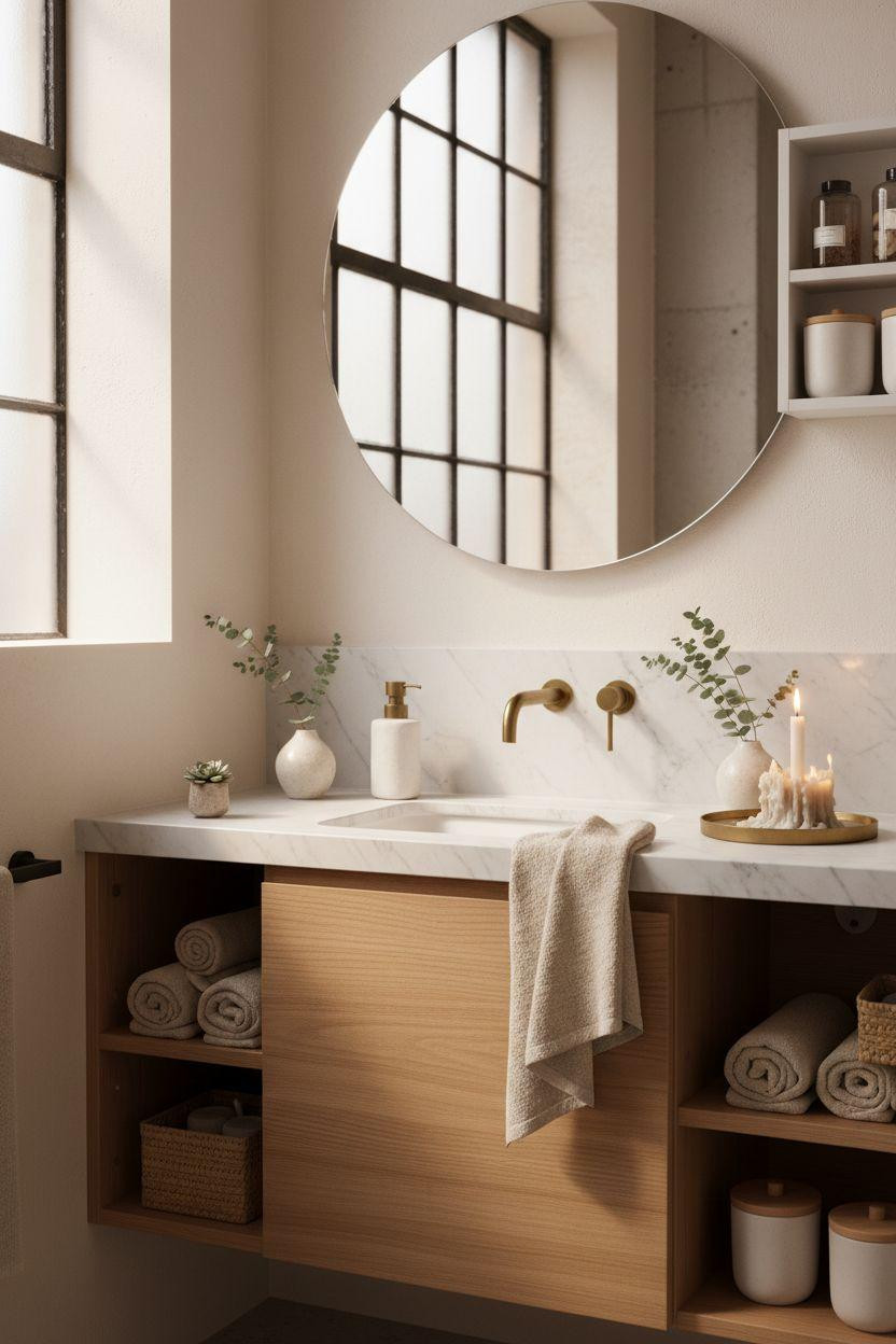 small bathroom storage with floating oak vanity and open shelving