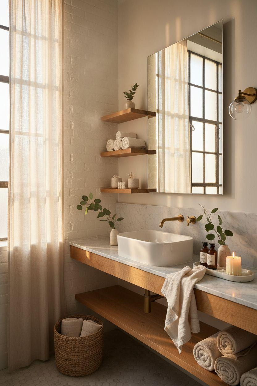 small bathroom storage in bright warehouse space