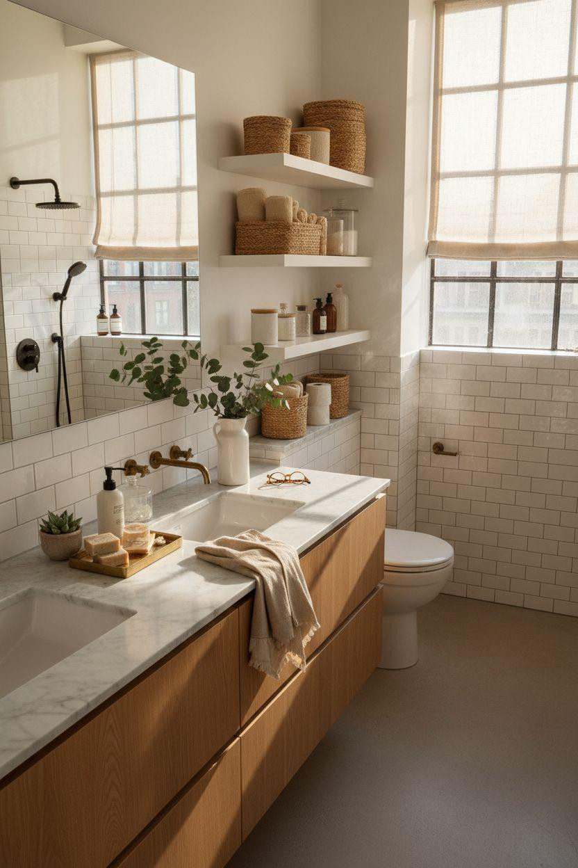 small bathroom storage in loft with full-height shelving