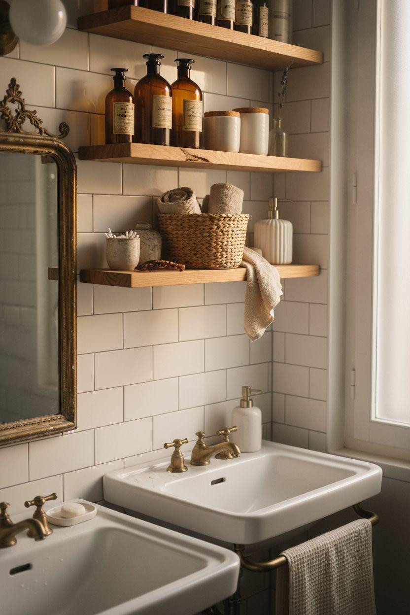 small bathroom storage with vintage shelves and pedestal sink